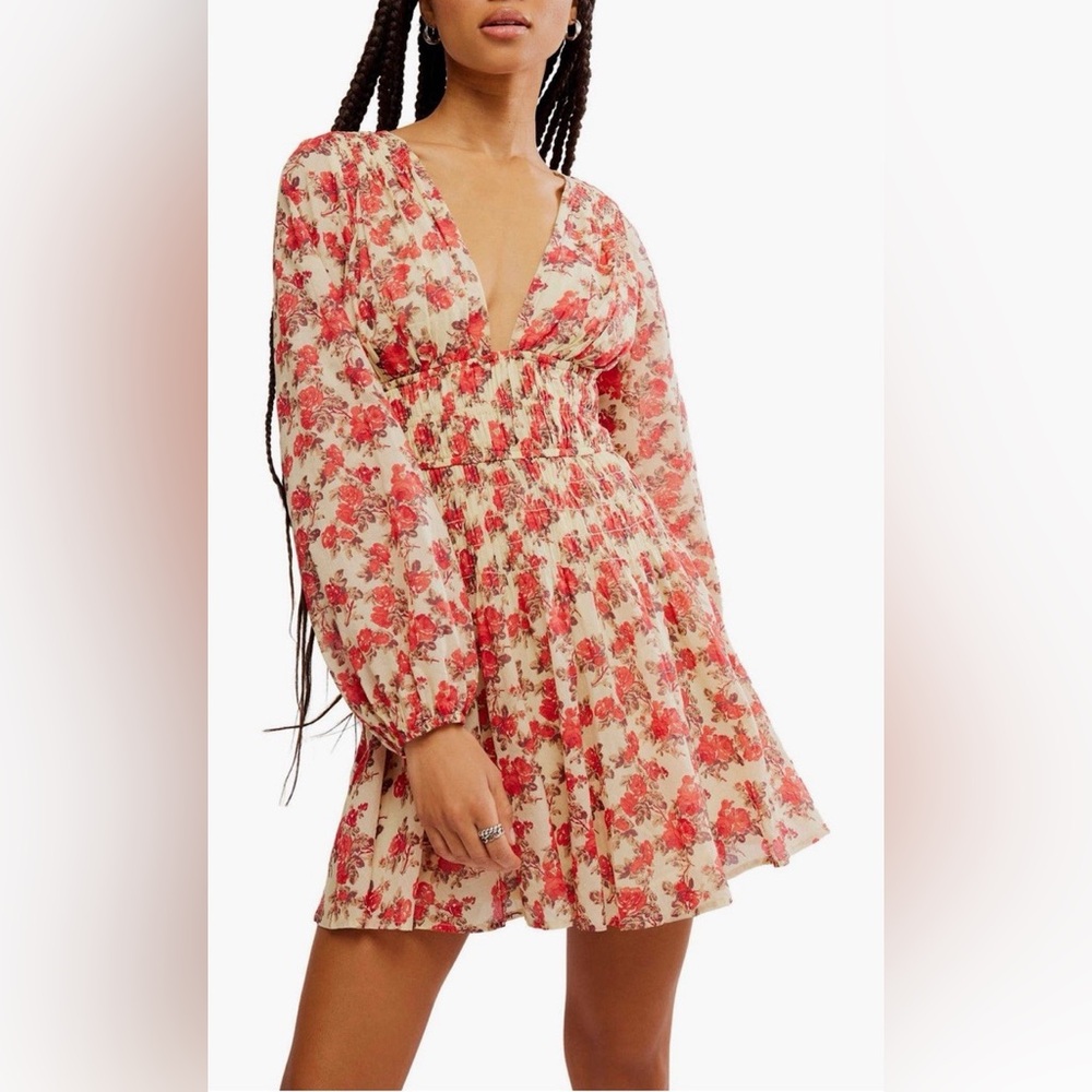 Free People Keeping You Smocked Floral V-Neck Dress Long Sleeve Cotton $128 Mult